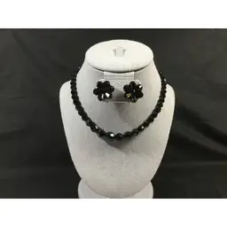 Vintage West Germany faceted jewelry set, screw backs, black glass beads 16" Shepherd's hook