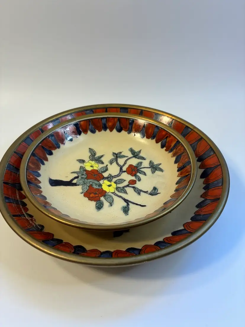 Brass Clad Hand Painted Japanese Porcelain Dishes 5.5” And 7.5”
