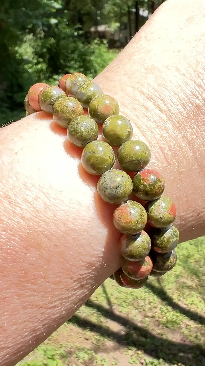 Unakite Stone Pink & Green 8mm Stone Beads.  6-1/2" to 7” Stretch Bracelet Jewelry
