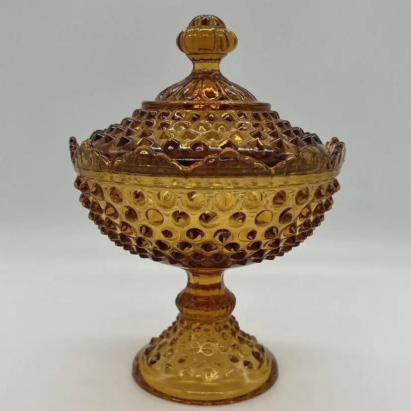 Vintage Fenton 3784 Amber Glass Crown Edge Footed Hobnail Candy Dish with Lid