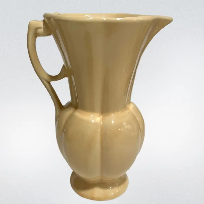 McCoy Pottery- USA-  Yellow Pitcher/ Vase–  Pumpkin Ribbed Body – 7.75” – USA Mark – 1930s–40s