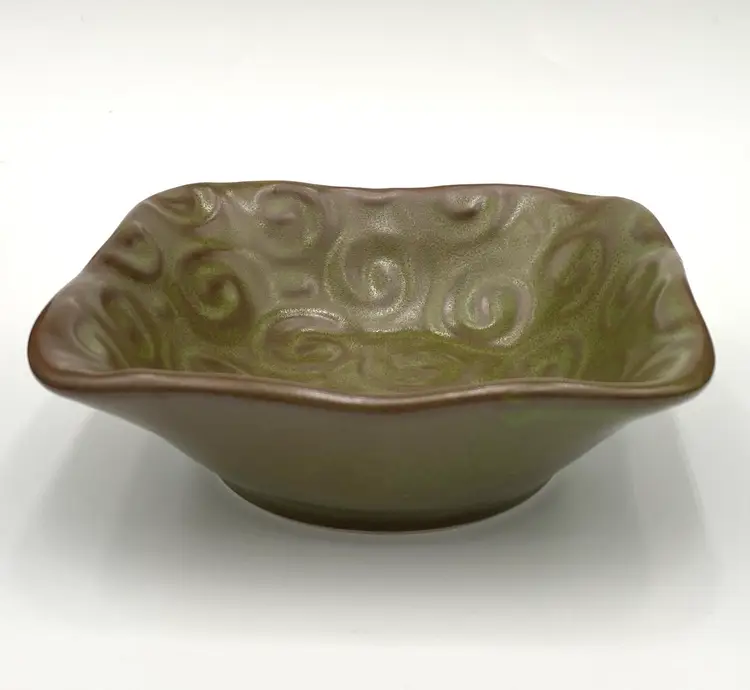 Studio Pottery Olive Green Square Bowl Dish, Embossed Swirls, Scalloped, 5"
