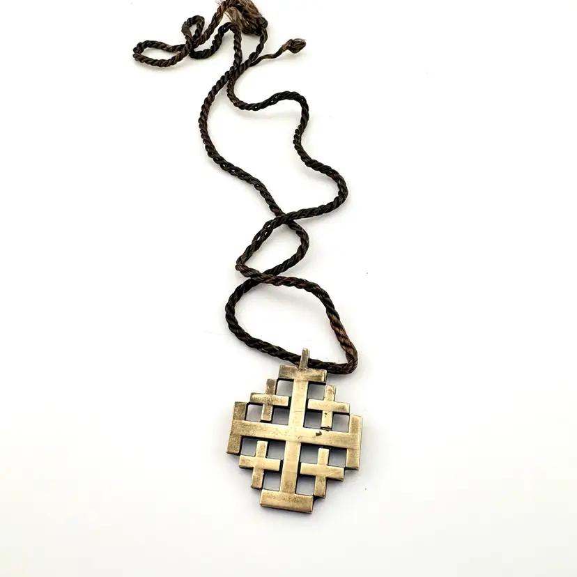 Vintage Terra Santa Guild Brass Jerusalem Cross Necklace 1.25”’x 1.25”