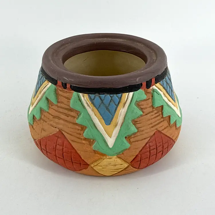 Hand Painted 3.75" Diameter Southwestern Folk Art Pottery Planter Bowl Vase