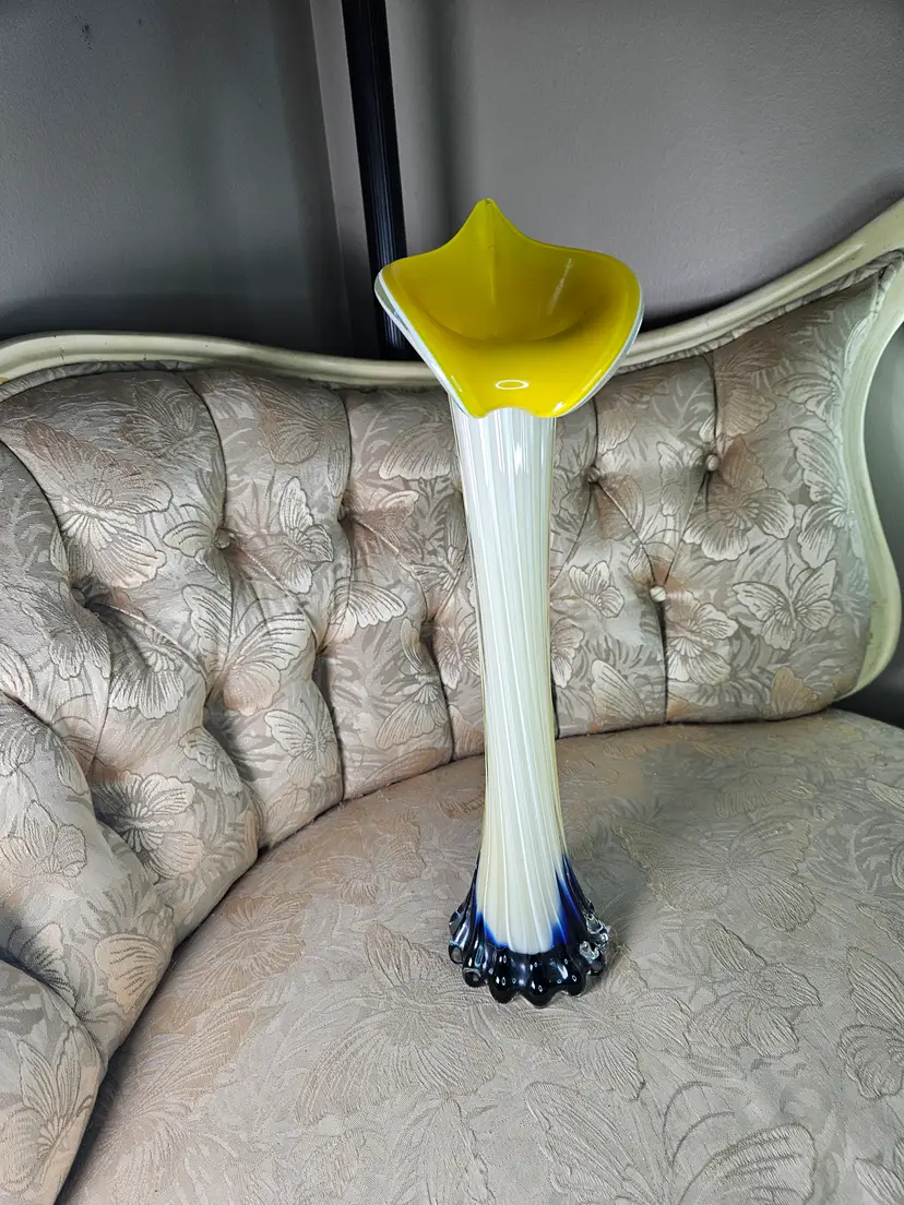 Vintage Art Glass Jack in the Pulpit Yellow Blue Ribbed Vase (Calla Lily)