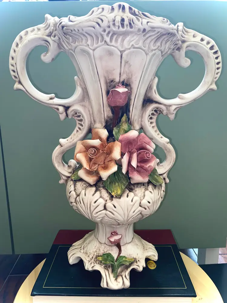 Vintage Capodimonte Large Floral Roses Double Handled Vase