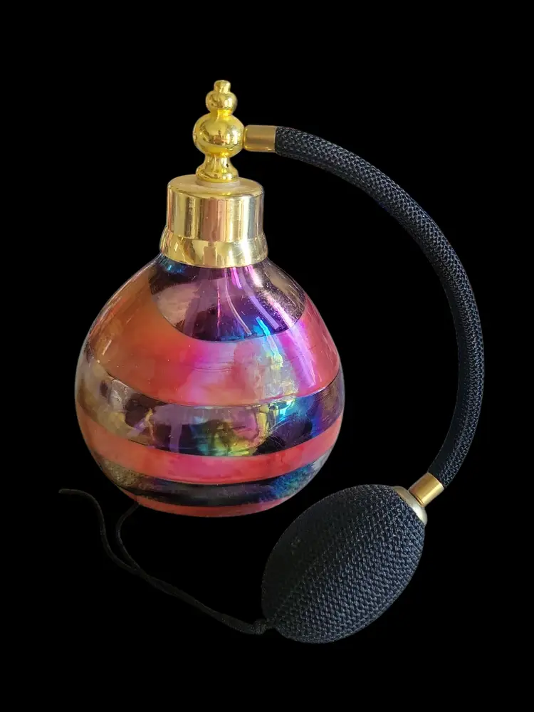 #01 Beautiful iridescent perfume bottle thick glass atomizer works, can't seem to get top off 6" tall x 4" w wonderful on display