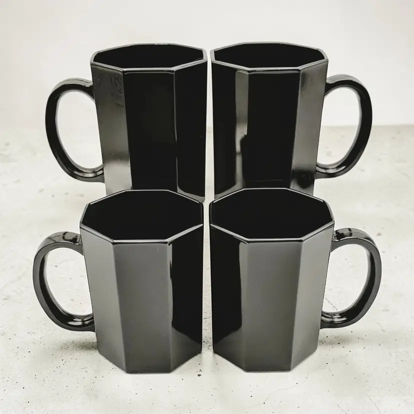 Arcoroc France Octime 8 Sided Black Glass Mugs EUC Set of 4 Beautiful Vintage