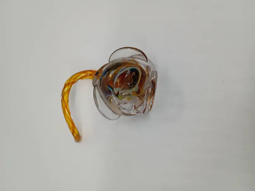 Small Hand Blown Art Glass Flower Rose Multicolor Short Curly Stem Figurine.