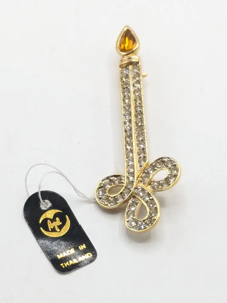 Vintage Gold Tone Holiday Rhinestone Candle Brooch Pin NOS