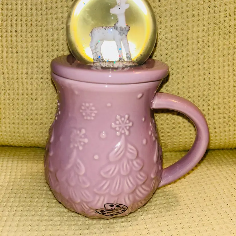 Temptations Lavender Frosty Forest XMAS Tree Embossed Mug W/ Snow Globe Lid NWOB