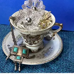 Vintage Jewelry Lot “Tea With Sarah” Sarah Coventry 4 Pieces Royal Crown Tea Cup And Plate
