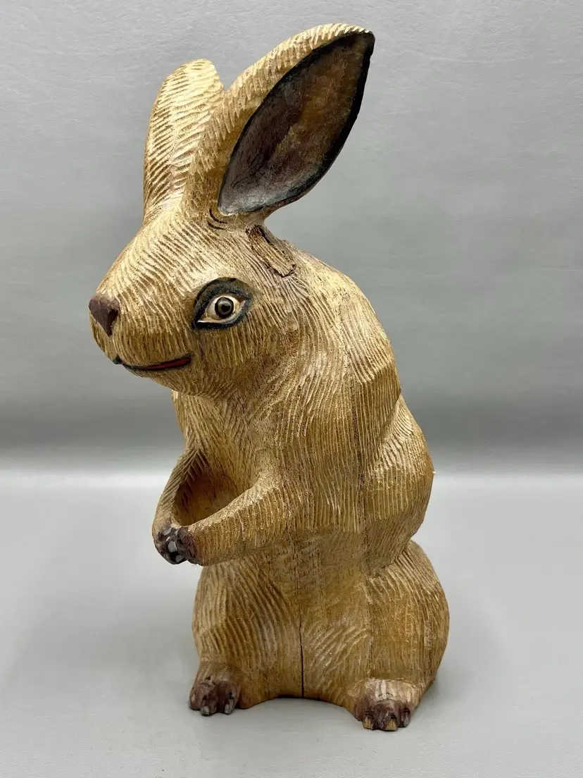 Vintage Hand Carved Wooden Rabbit Figurine 10" Folk Art Bunny Creepy Eyes Rustic