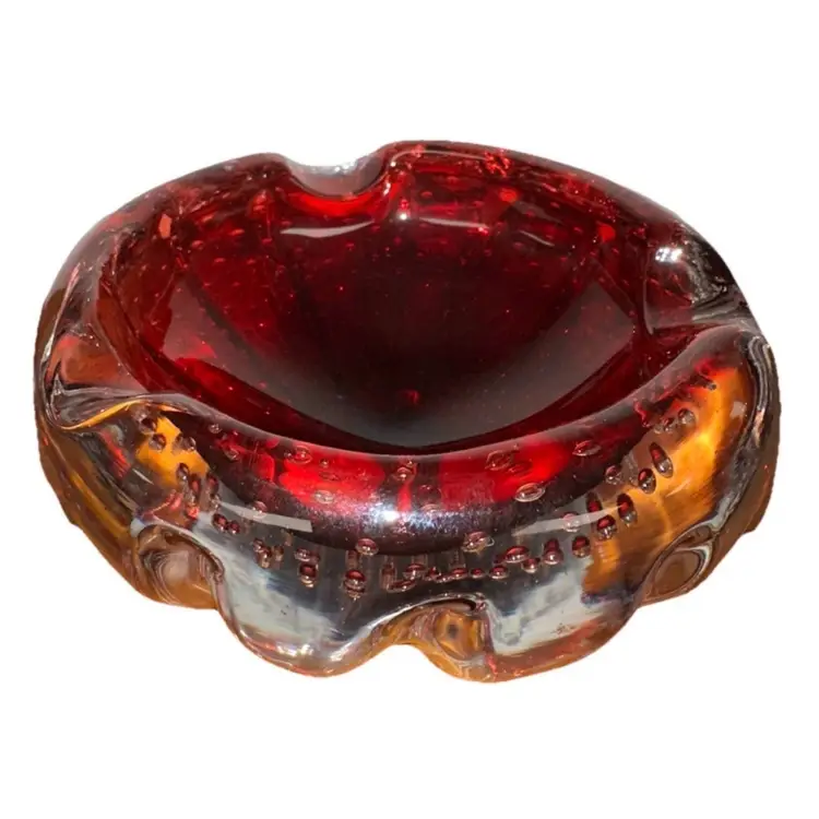 Aseda Swedish Vintage Red Glass Controlled Bubble Ashtray Bowl 6”