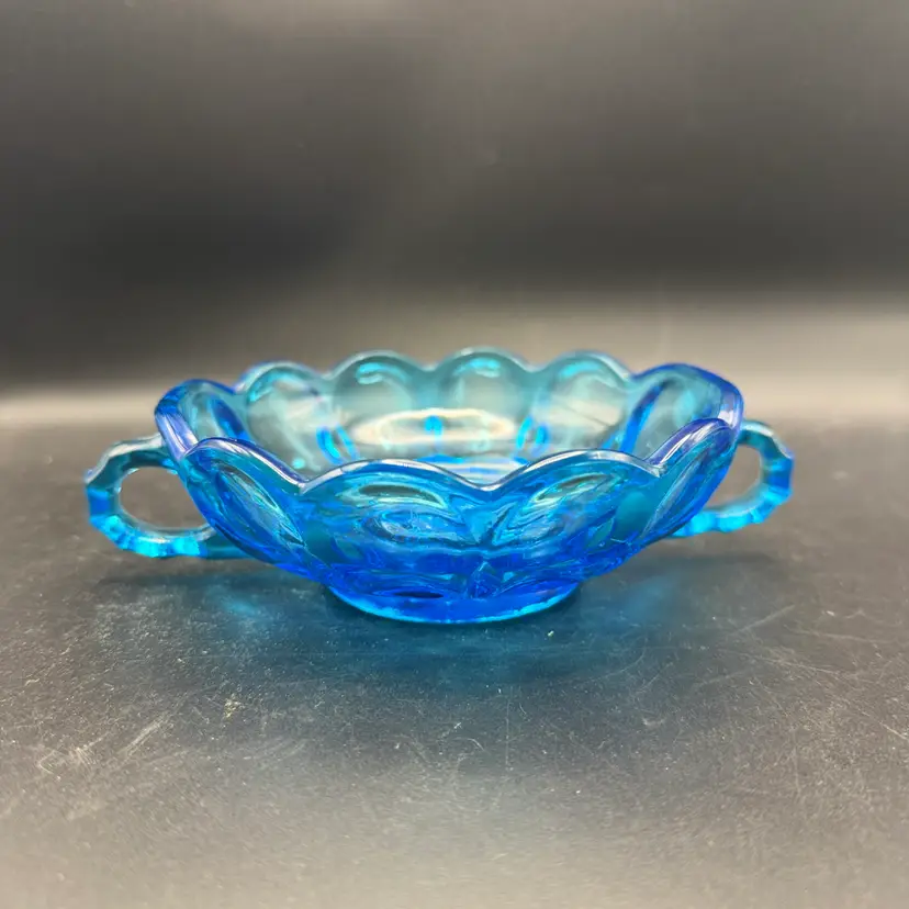 Anchor Hocking Blue Fairfield Pressed Glass Nappy Dish With Handles.