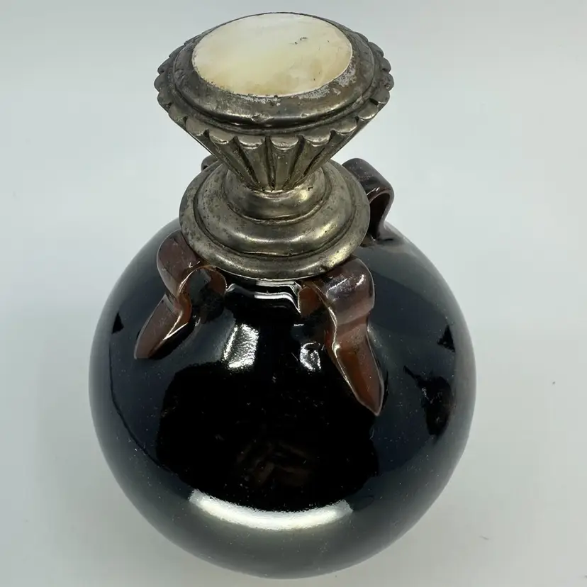 Maitland-Smith Handthrown Pottery Dresser Vanity Bottle With Mother Of Pearl & Silver Stoppers