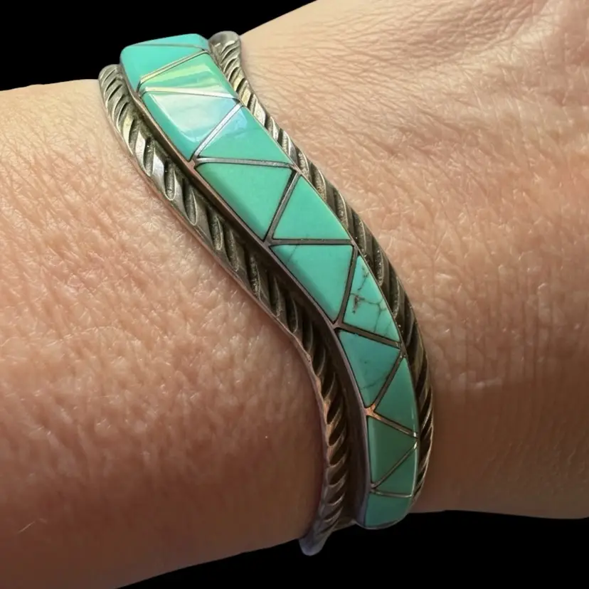 Sterling Silver Zuni Inlaid Turquoise Cuff - Wave Design - Signed Eldrick Seoutewa - 6.5”