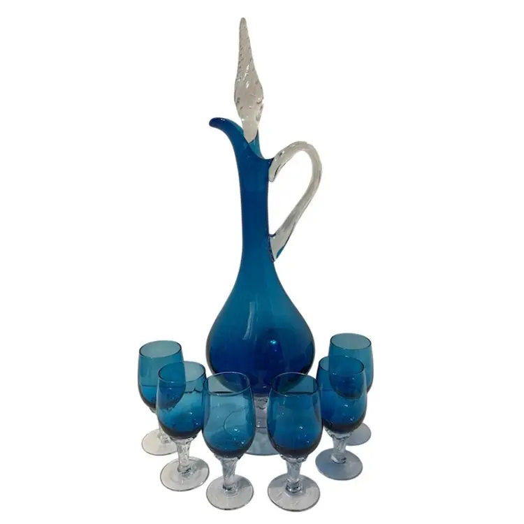Incredible MCM Empoli Glass Blue 16” Decanter Ewer w Twist Stopper & 6 Cordials