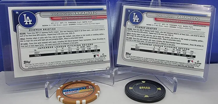 Yoshinobu Yamamoto Lot
2024 Bowman Chrome Mojo Refractor Mega Box Rookie RC  & Bowman RC No. 36 -  Los Angeles Dodgers