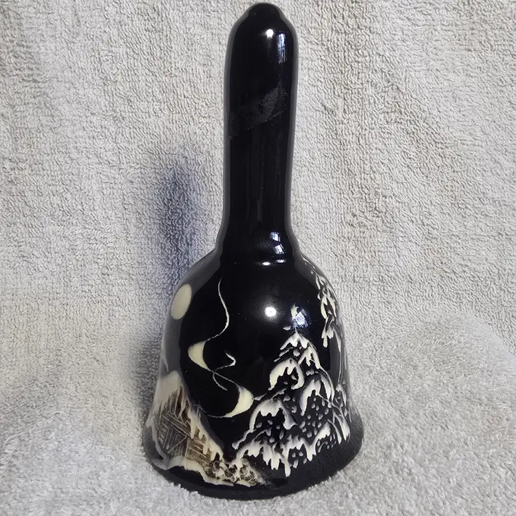 Hand-Painted Alaska Pottery Bell – Midnight Cabin Scene – Signed Anchor Point