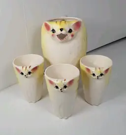 Vintage Yellow Cat Pitcher & Cups Set 1950 Japan Anthropomorphic Kitsch Rare