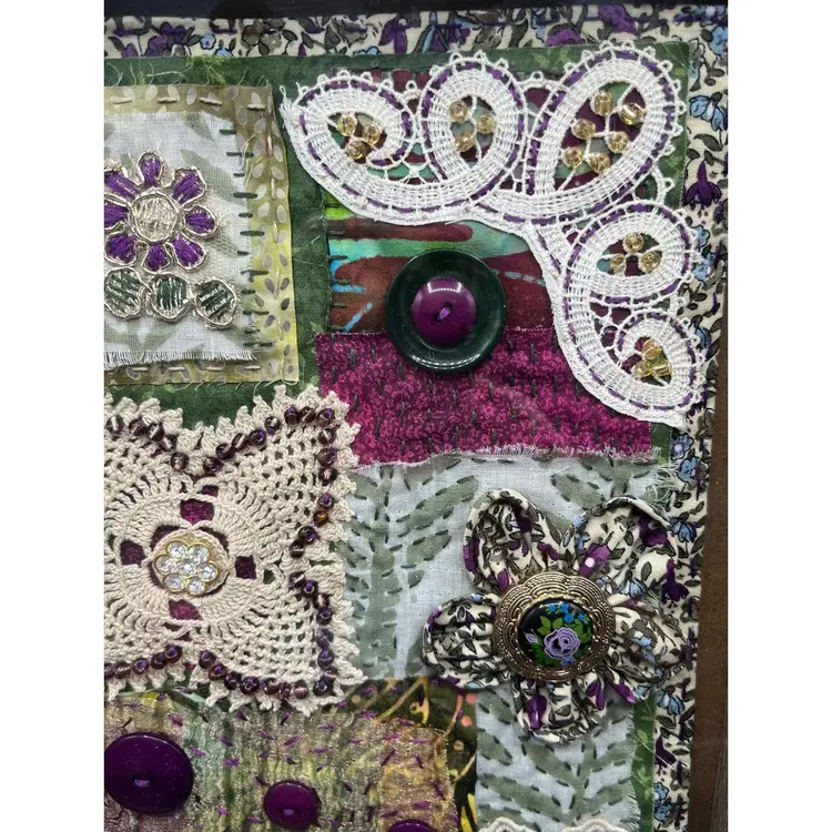 Made By Me Hand Sewn Fabric Collage Framed Art Burgundy And Green