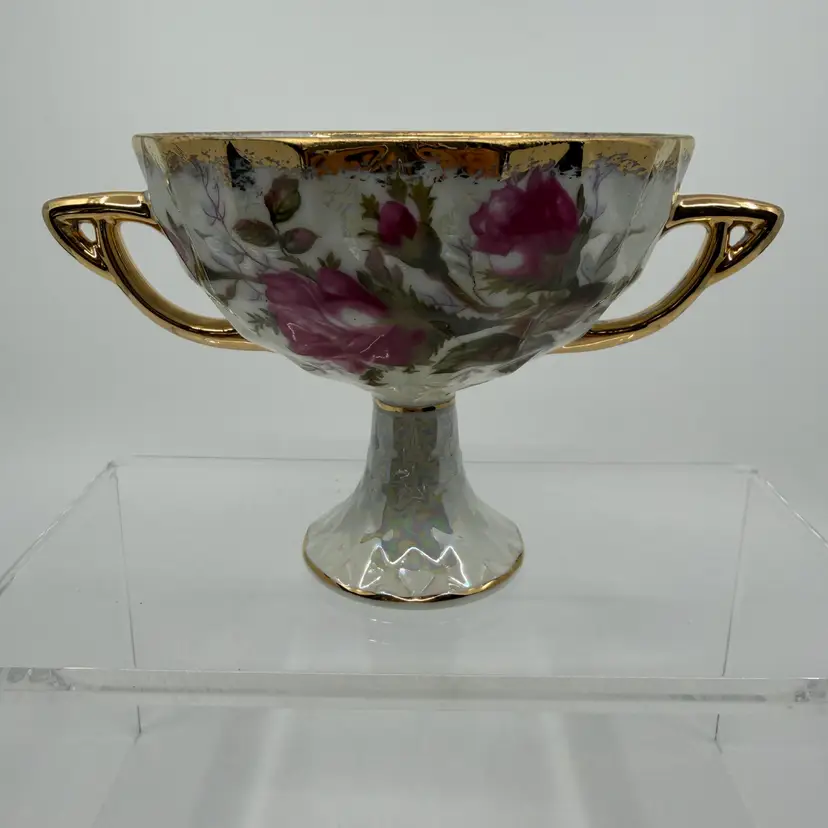 Japanese Lusterware Pink Florals Gold Trim Porcelain Double Handled Cup