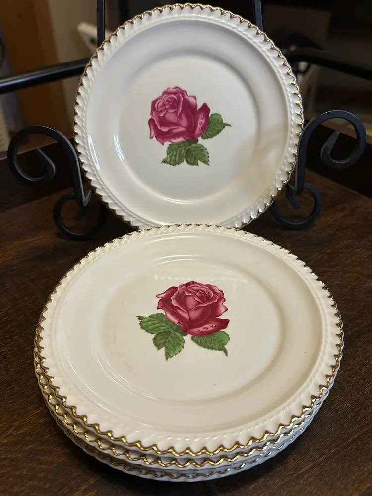 Vintage Harker Pottery Co. Dessert Plates Pair- 22KT Gold USA, 6” USA Made Rose