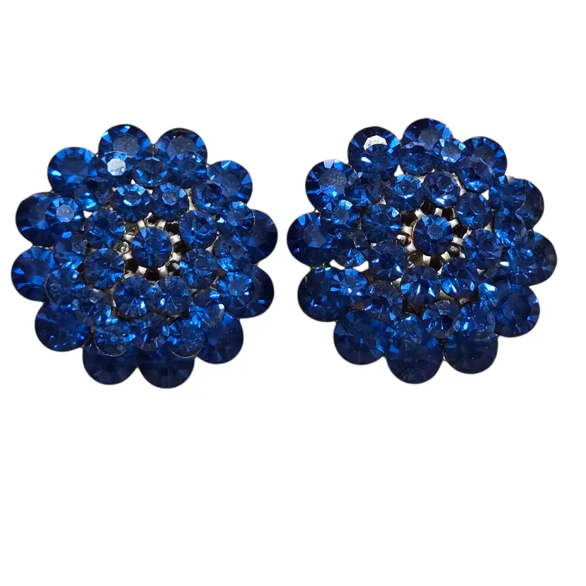Vtg 50s Blue Crystal 3D Flower Clip on Earrings