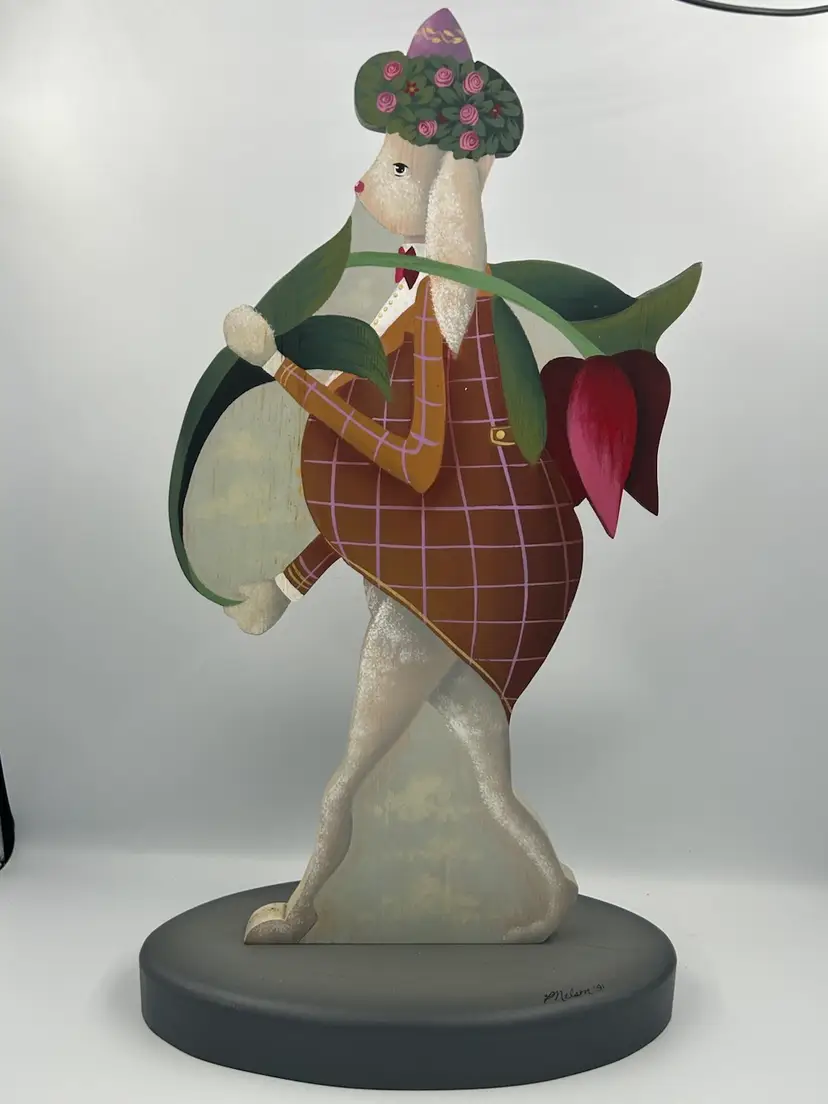 Vintage Tall Rabbit In Plaid Jacket Wooden Figurine Signed Nelson 1991