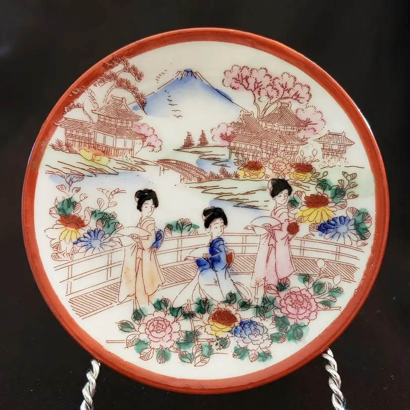Geishas Floral Hand Painted Saucer Small Plate Asian 4 1/2" diameter Vintage 