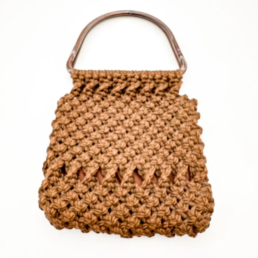 Macrame Purse Brown Fabric Lined Plastic Handles Vintage B25