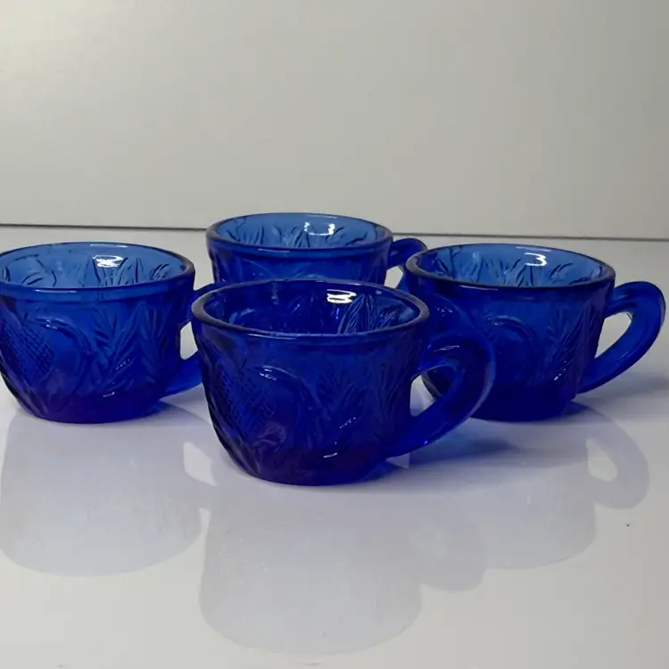 Set Of 4 Tiny Cobalt Blue Glass Strawberry Pattern Teacups 2”