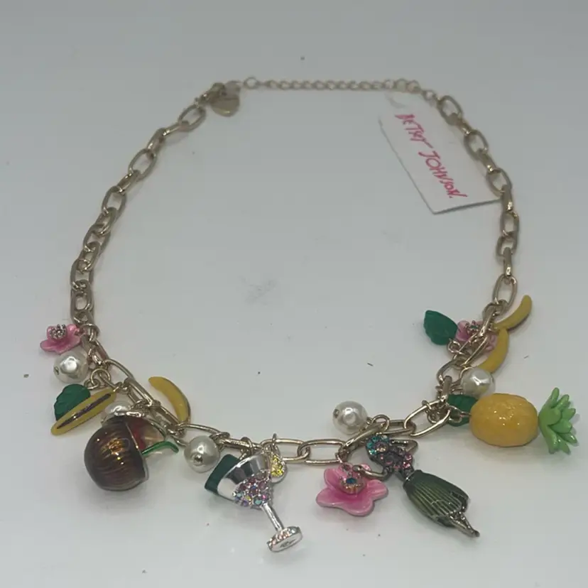 Betsey Johnson 18” Charm Necklace Hula Girl Pineapple Banana Flower