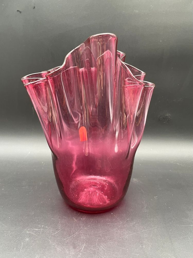 #13 Vintage Large Cranberry Pilgrim Glass Handkerchief Vase
