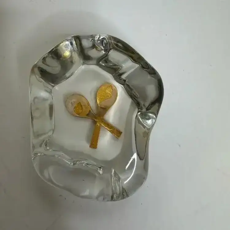 24 karat Gold Electroplate Glass Tennis Racquet Paperweight. (A)