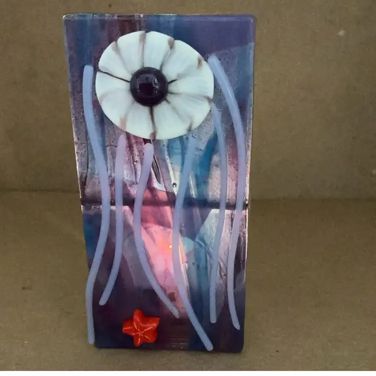 Made by Me! Fused Glass Tea Light 3D Jellyfish with Starfish 4" x 2" x 2" Studio Art Handmade