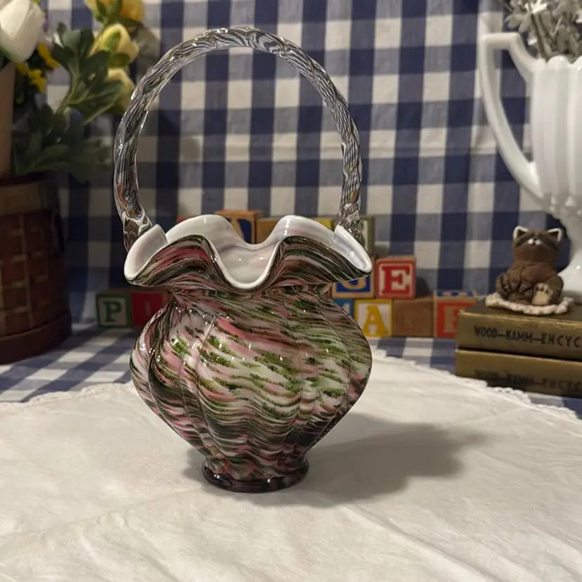 Glows! Fenton 95th Anniversary Glass Legacy Vasa Murrhina Ruffled Basket