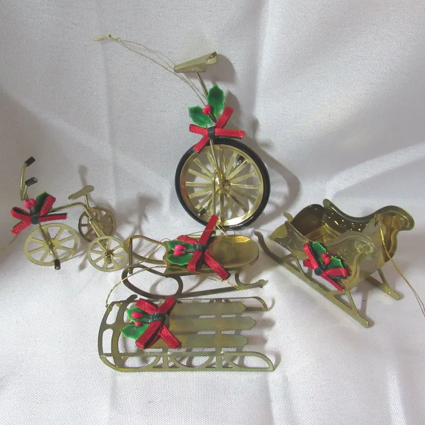 Set of 5 Vtg Brass Christmas Ornaments - Unicycle/Trike/Small Sled/Sleigh/Sled
