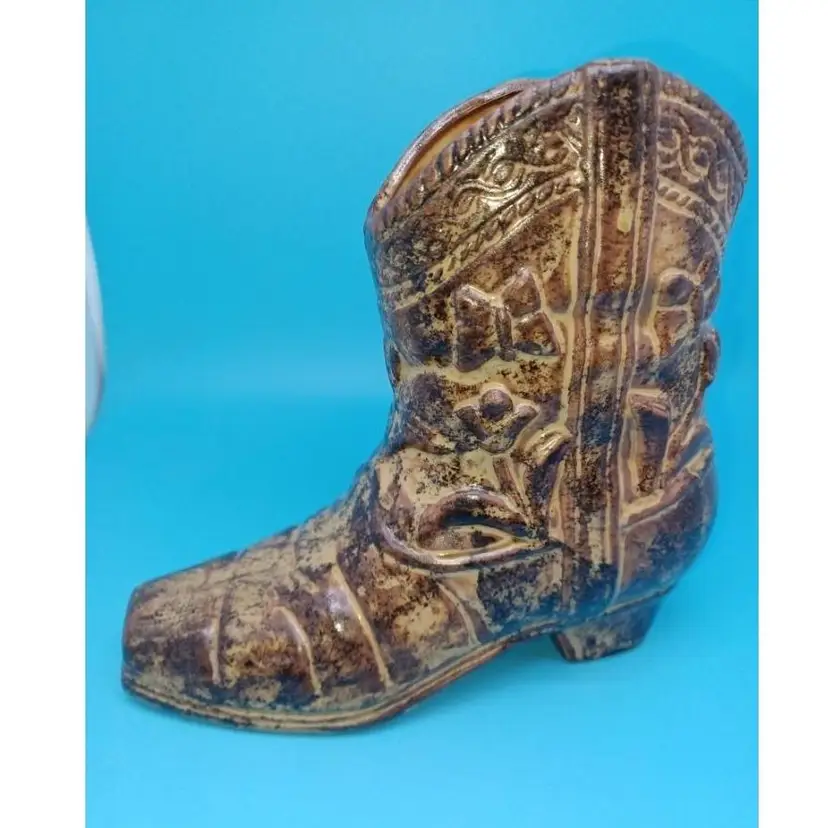 Vintage Ardco Brown Cowboy Boot Planter Butterflies & Flowers