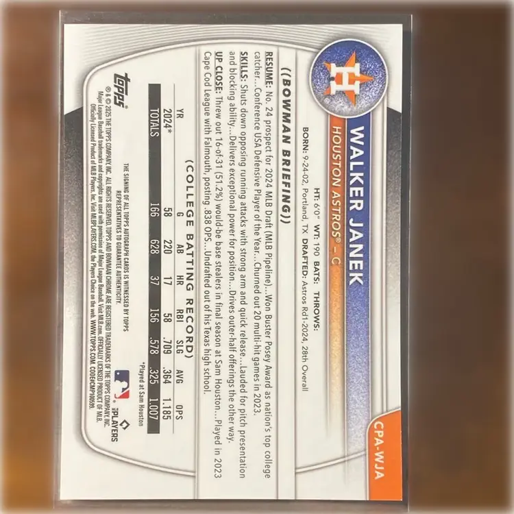 2025 Bowman Walker Janek 1st Bowman Auto Blue X-Fractor 56/150 Houston Astros