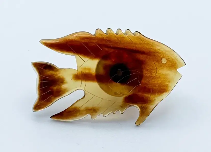 Vintage Tortoise Shell Plastic Fish Lapel Pin Brooch Tropical Coastal Novelty