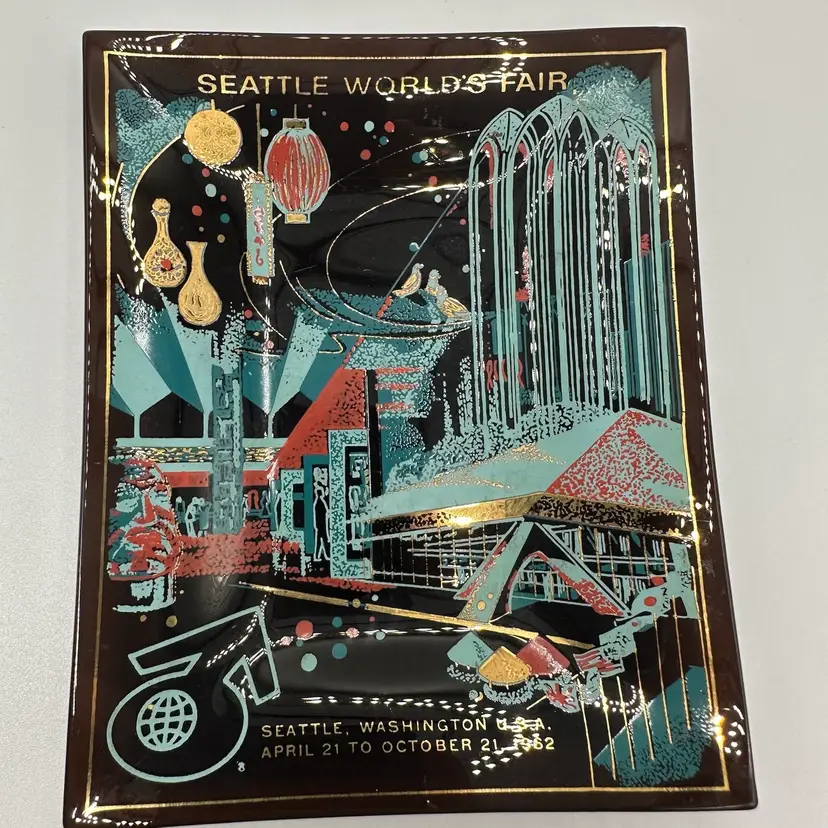 Lot of Two Vintage 1962 World's Fair Seattle WA Glass Dish Plate Tray Houze Art