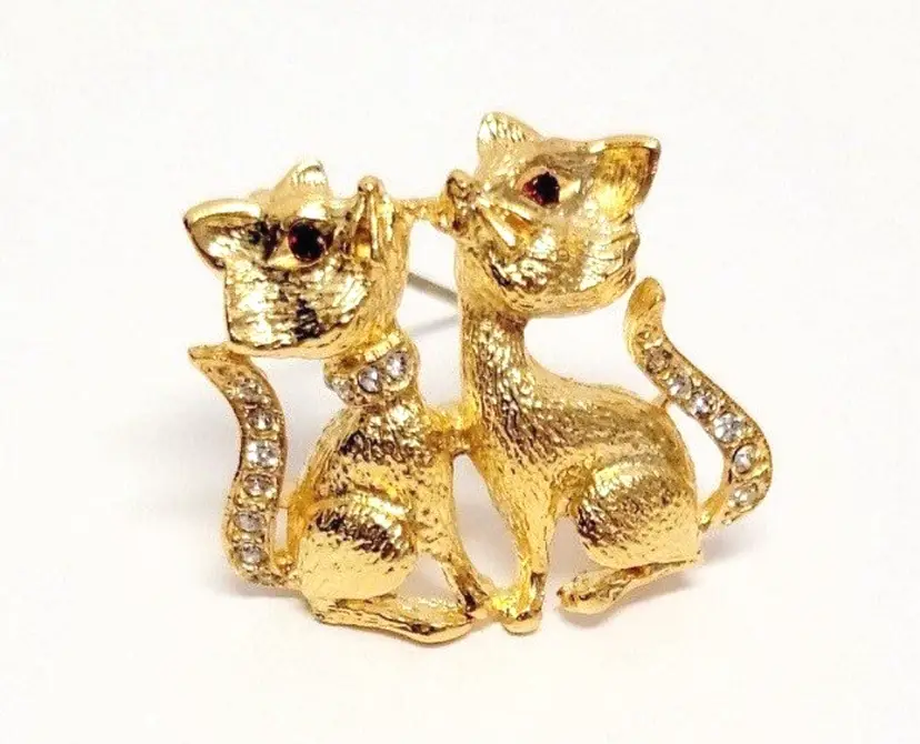 Vintage Jewelry Cat Kitten Brooch/Vintage Gold Tone Cat Brooch/Red Rhinestone Eyes/Rhinestone Tails/Clear Rhinestone Tails/Cat/Kitten/Jewelry/Cat Pin 