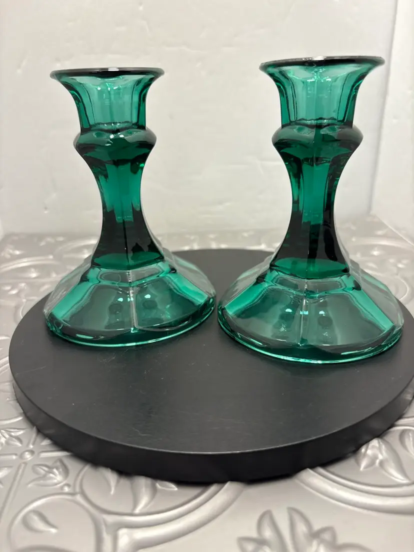 Vintage Indiana Glass Co. Paneled Teal Green 4 1/2" Candlesticks