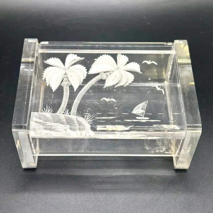 Reverse Etched Lucite Palm Tree Nautical Clear Trinket Box 2”x4.5”