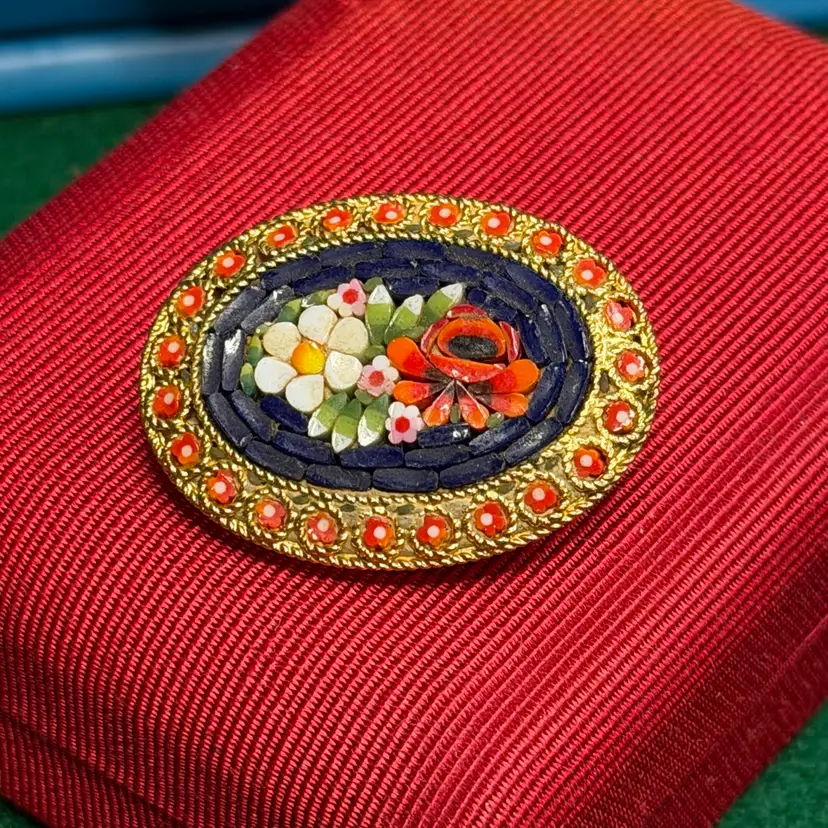 Micro Mosaic Brooch Pin Oval Blue Background Florals Red Flower Border Italy