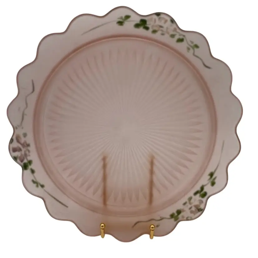 Rare Vtg (1930s) Anchor Hocking Mayfair Pink Frosted Glass Platter, Painted, 13"