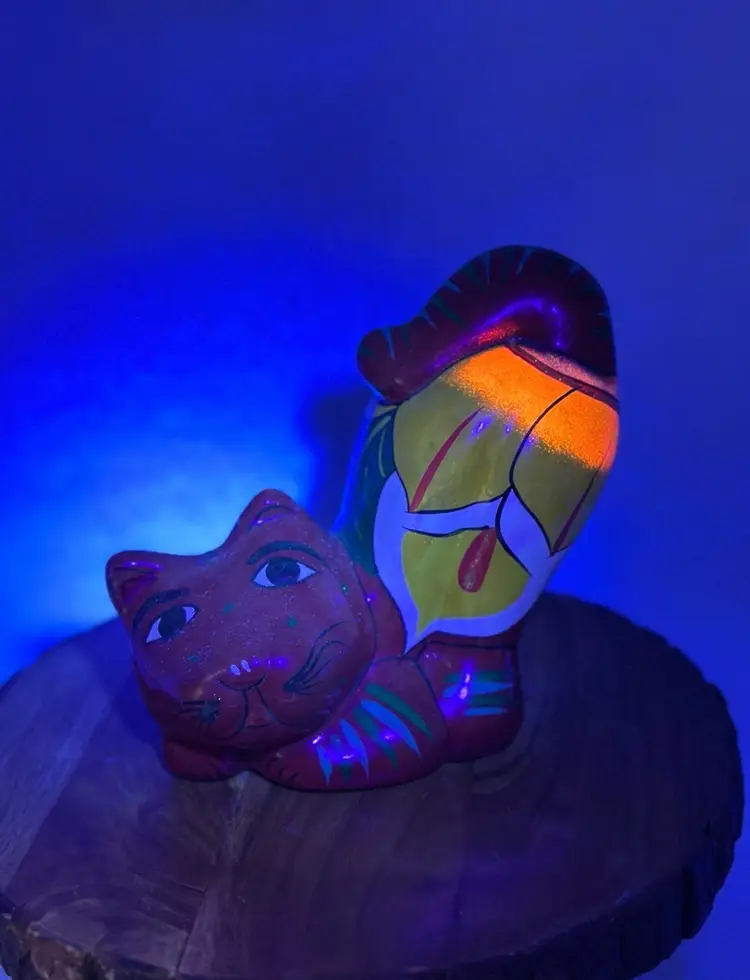 Talavera Mexican Folk Art UV Glow Pottery Red Bank Cat Kitten Feline Hand Painted