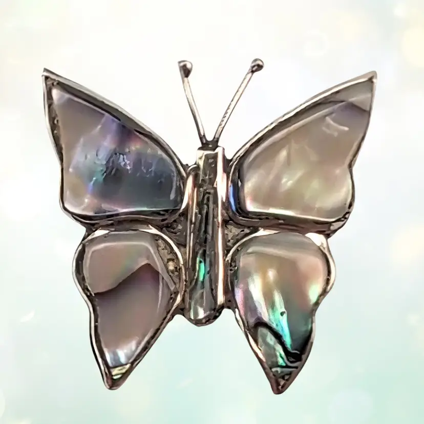 Butterfly Brooch Pin Vintage Abalone Shell Alpaca Silver Metal Mexico 1970/1980s